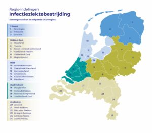 Overzicht regio-indelingen infectieziektebestrijding Nederland. Regio 3 Noord bestaat uit: Groningen, Friesland en Drenthe. Regio Midden-Oost bestaat uit: IJsselland, Twente, Noord- en Oost-Gelderland, Gelderland-Midden, Gelderland-Zuid en regio Utrecht. Regio NW6 bestaat uit: Hollands Noorden, Zaanstreek-Waterland, Kennemerland, Amsterdam, Gooi en Vechtstreek en Flevoland. Regio Zuid-Holland bestaat uit: Haaglanden, Hollands Midden, Rotterdam-Rijnmond en Zuid-Holland-Zuid. Regio ZeeBraLim bestaat uit: Zeeland, West-Brabant, Hart voor Brabant, Brabant-Zuidoost, Limburg-Noord en Zuid-Limburg.